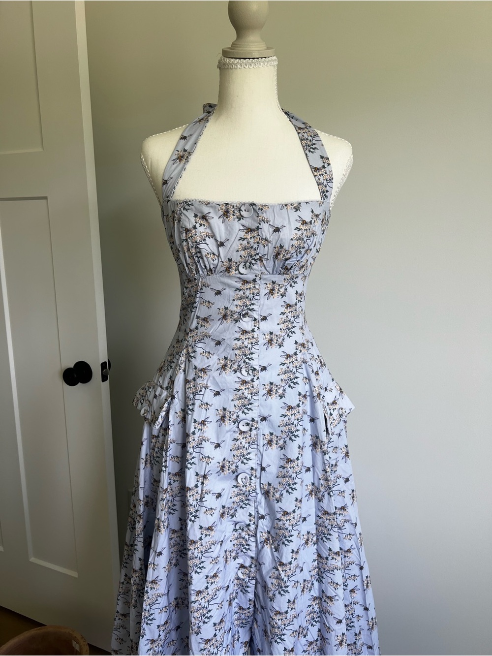 HOUSE OF CB Claudia Blue Floral Print Stretch Cotton Halter Neck Midi Dress